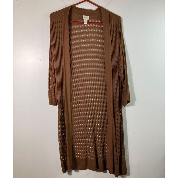 Chicos Sweaters - Womens Chicos Open Cardigan‎ Duster Open Crocheted 1/2 Sleeve Brown L Rayon